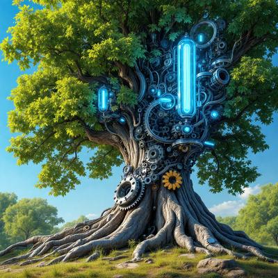 The primary subject of the image is a tree with a large root system. The tree is surrounded by a lush green forest, and it has a mechanical or futuristic appearance. The setting is a natural environment with a blue sky in the background. The visual style is a combination of digital art and illustration, creating a unique and intriguing scene. The colors are predominantly green, with some blue and white accents, giving the image a serene and peaceful atmosphere.
